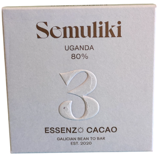 Tableta de chocolate Semuliki Uganda 80% de Essenzo Cacao en empaque beige elegante