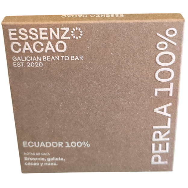 Tableta de chocolate Perla Ecuador 100% de Essenzo Cacao en empaque marrón chocolate